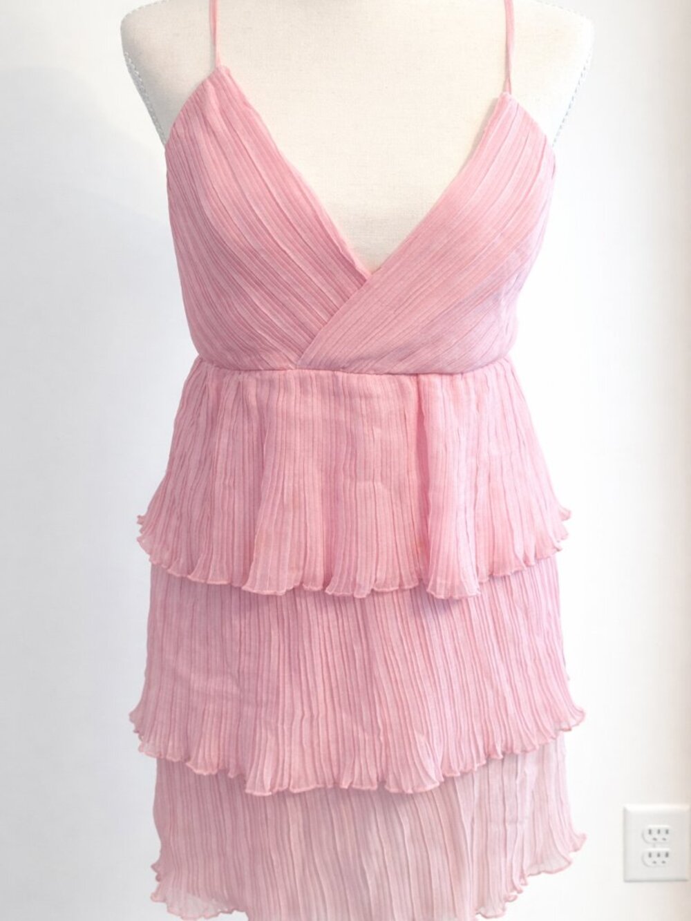 Altar’d State Pink Pleated Tiered Ruffle Mini Dress
